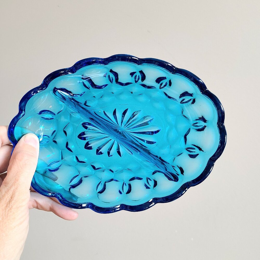 Vintage blue glass divided bowl.